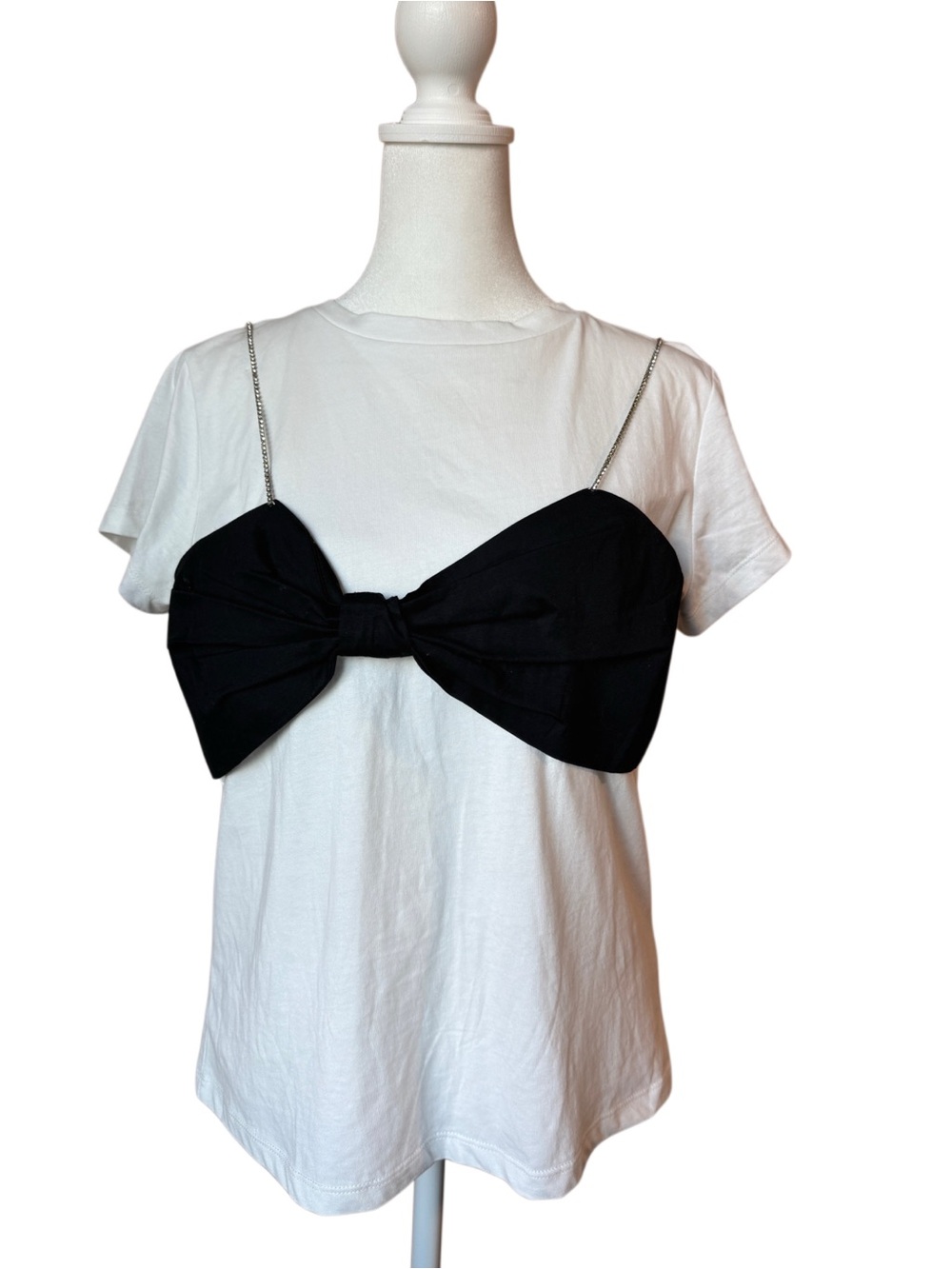 Galita Black Bow Bustier Chain Strap T-Shirt 100% Cotton Top Size L